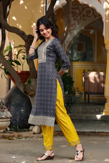 Women's Black & Mustard Kurta Set