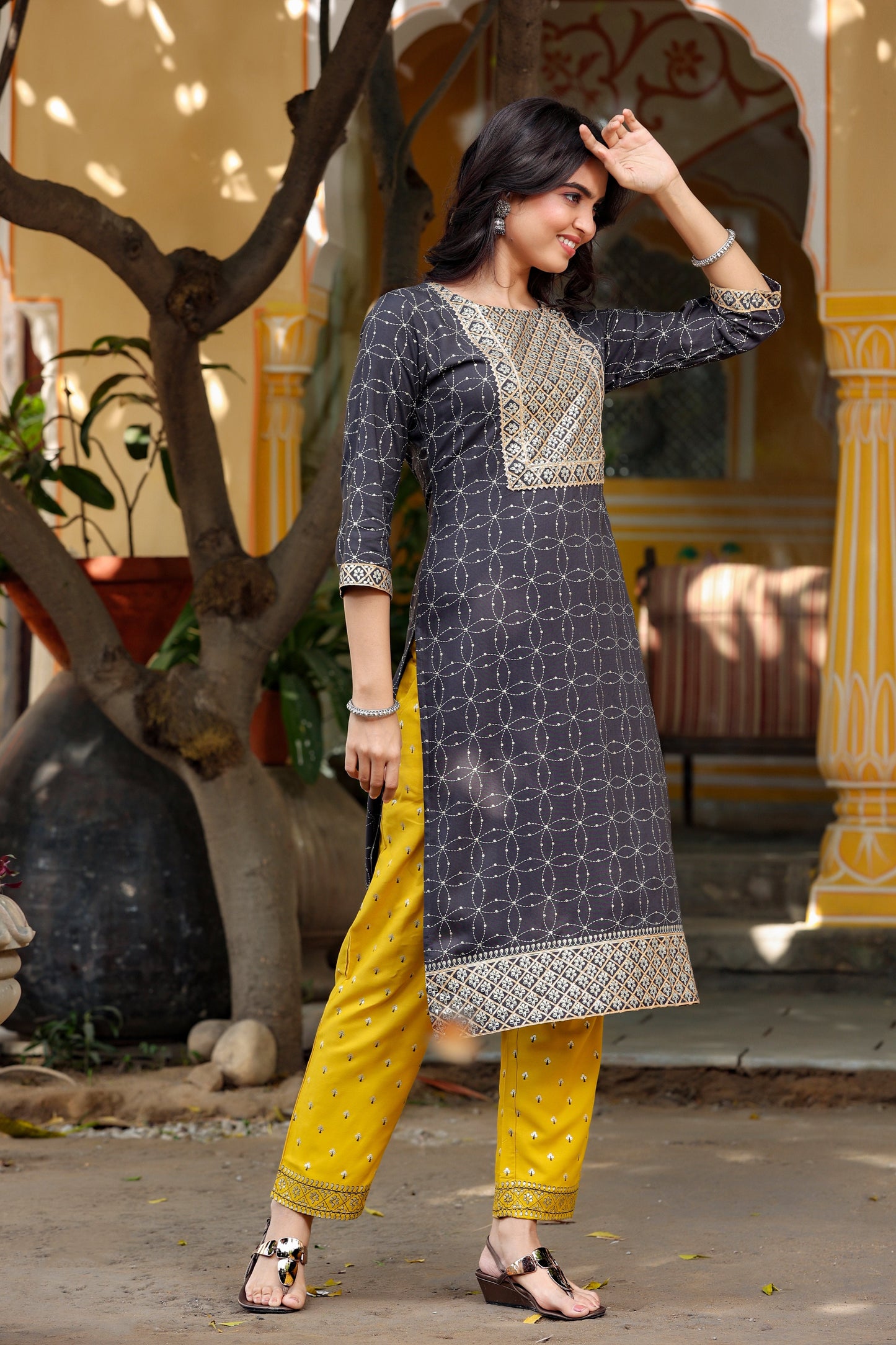 Women's Black & Mustard Kurta Set