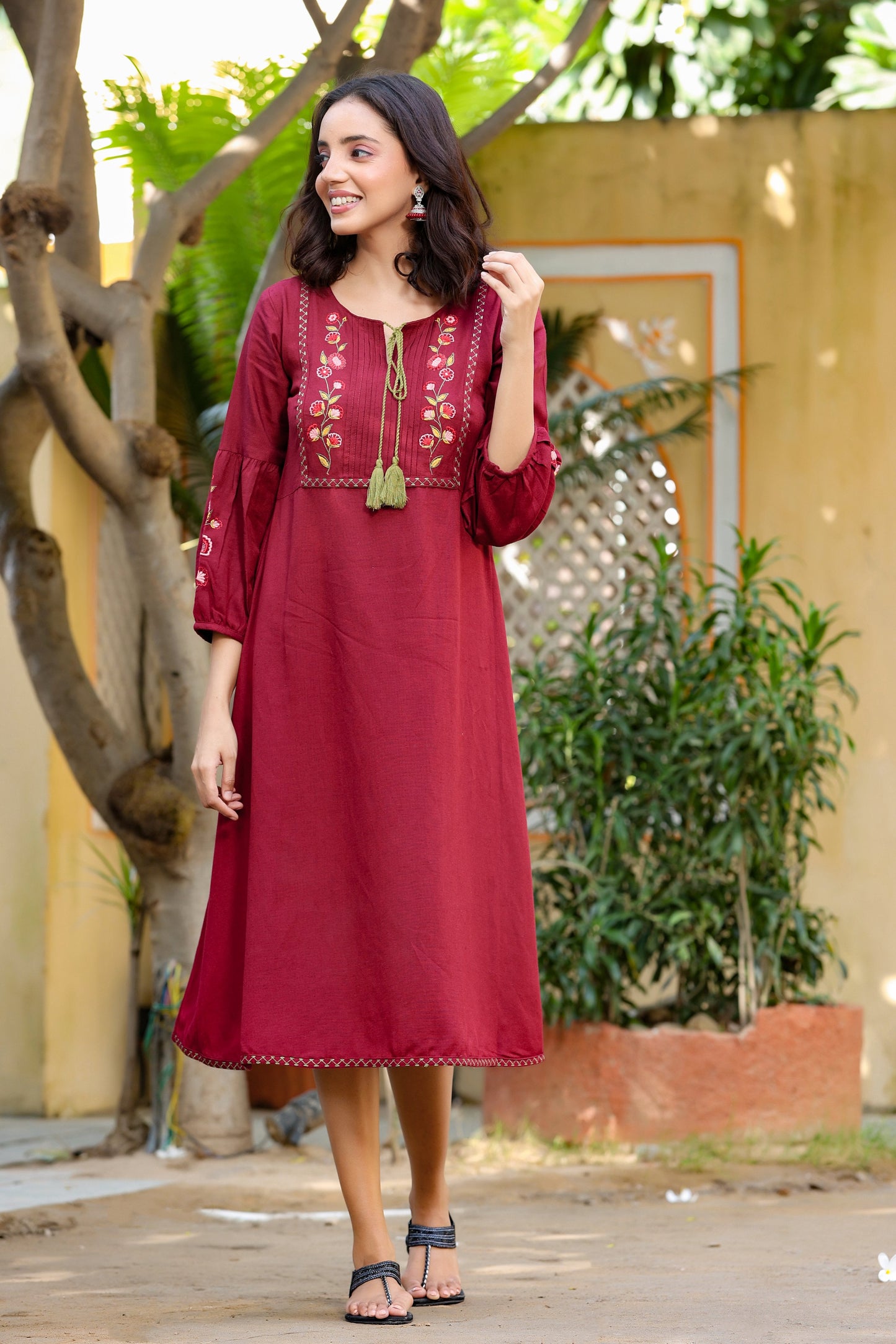 Women's Maroon Embroidered Dress