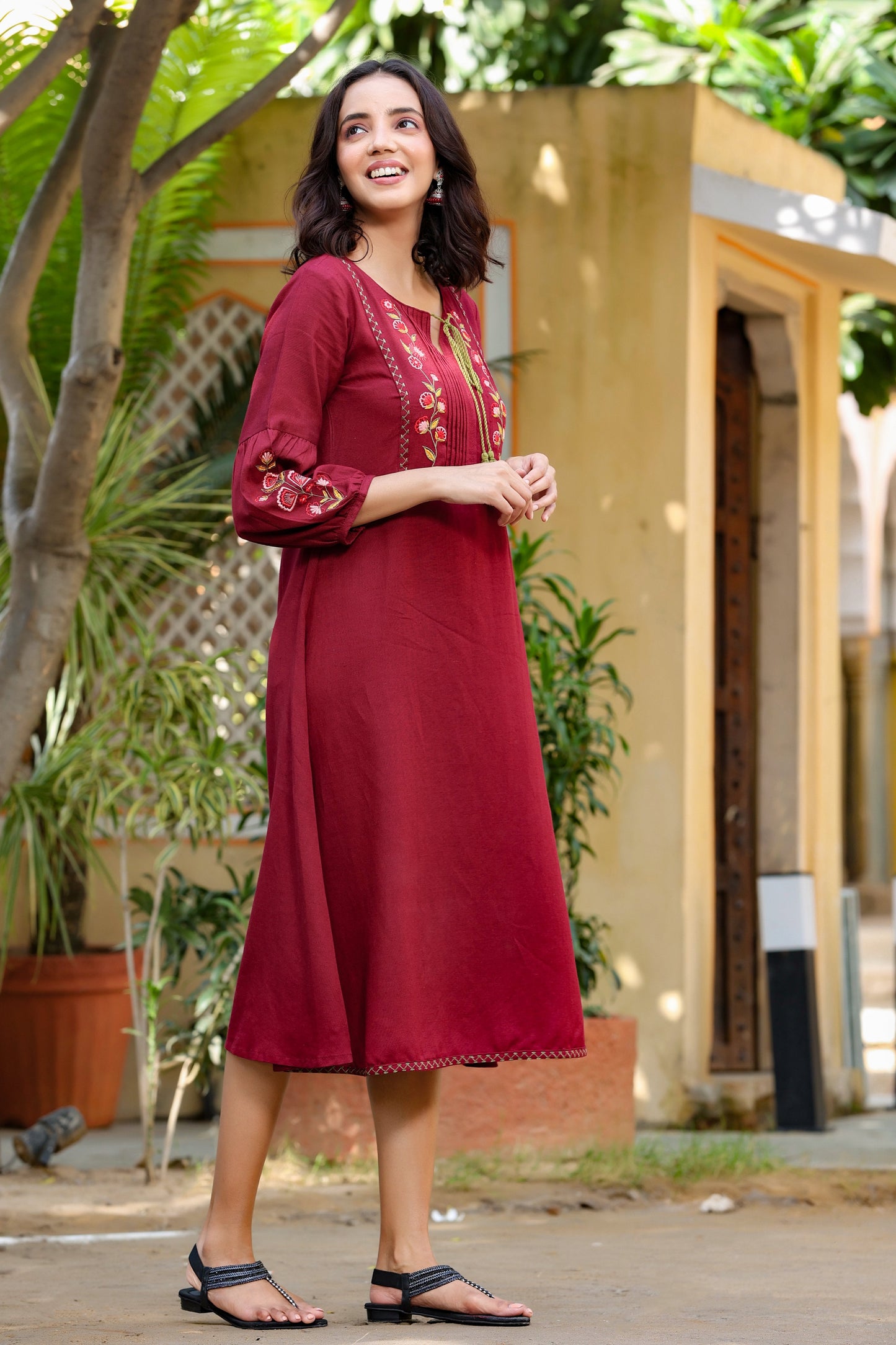 Women's Maroon Embroidered Dress