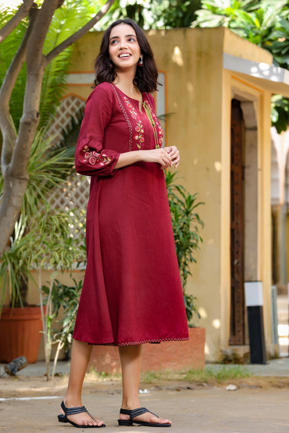 Women's Maroon Embroidered Dress