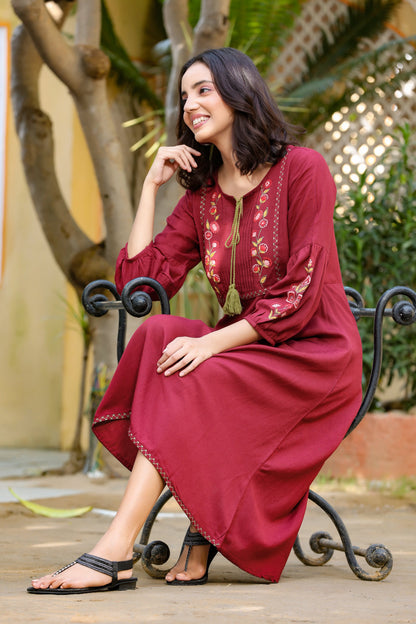 Women's Maroon Embroidered Dress