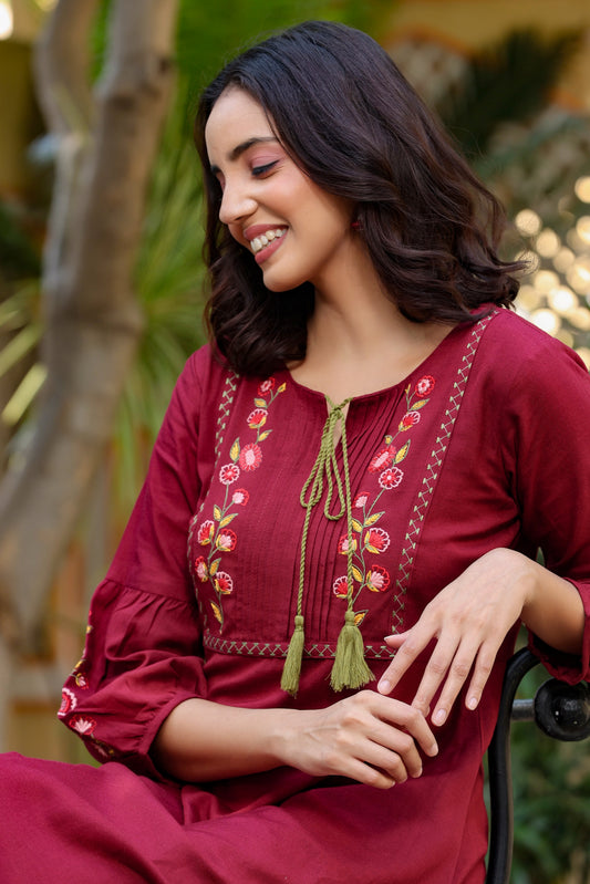 Women's Maroon Embroidered Dress