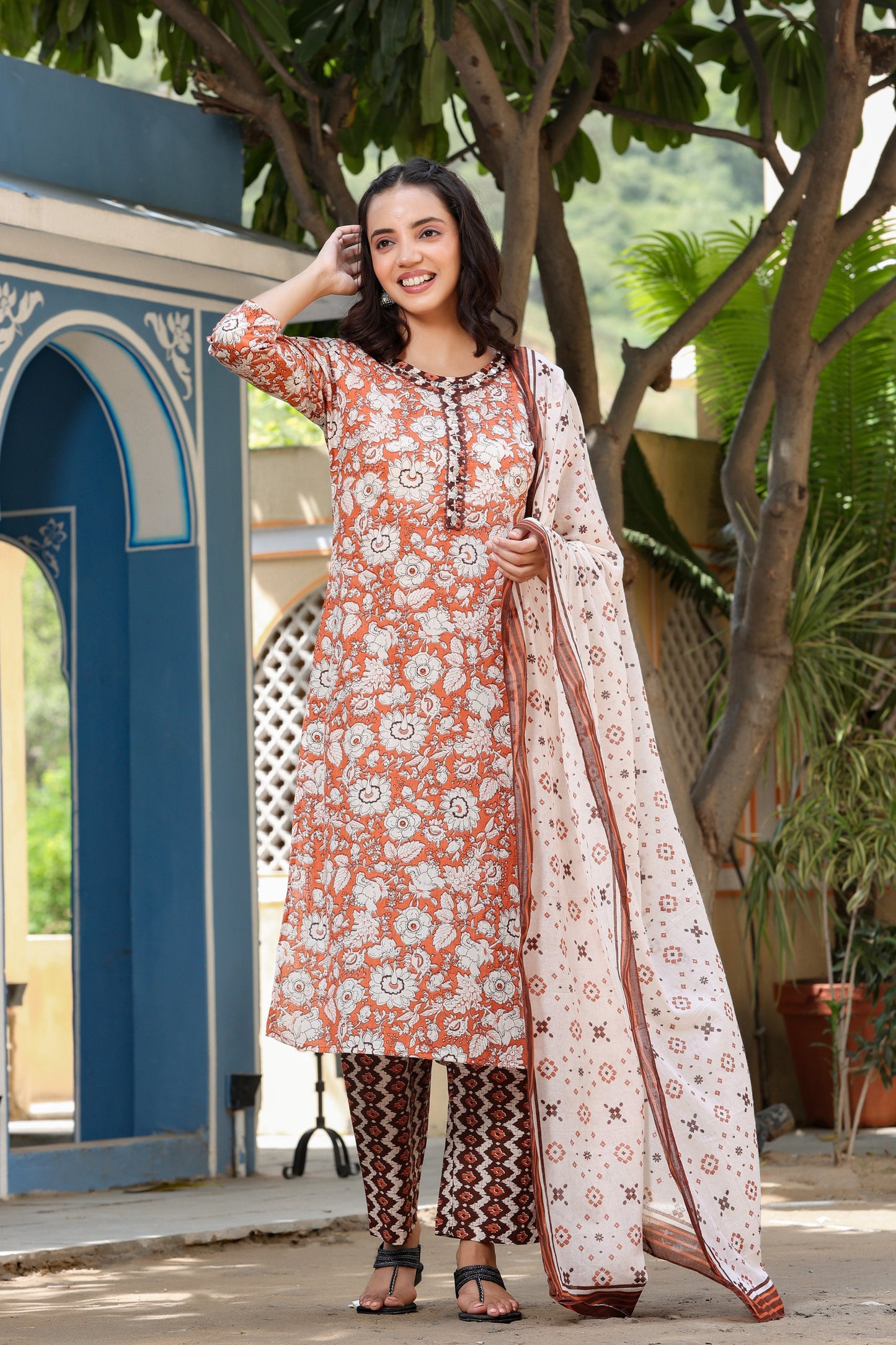 Women's Brown & Offwhite Printed Kurta