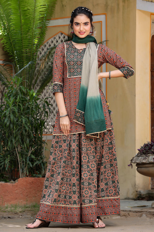 Women's Green & Red Short Kurti Dupatta Set