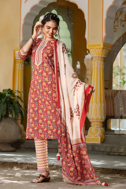 Women's Maroon Printed Kurta Set