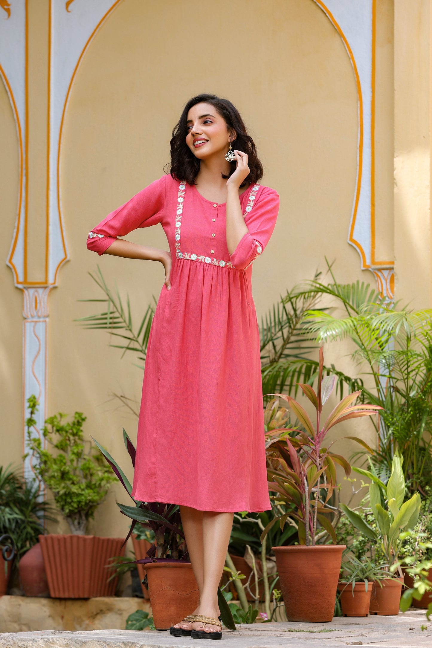 Women's Pink Embroidered Yoke Design Kurta