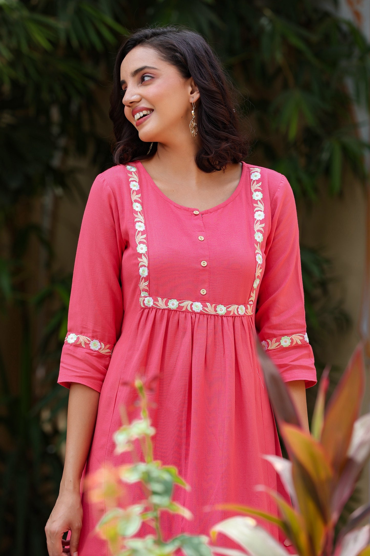 Women's Pink Embroidered Yoke Design Kurta