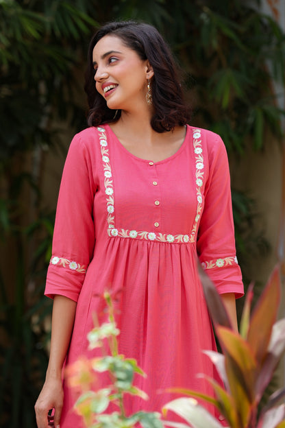 Women's Pink Embroidered Yoke Design Kurta