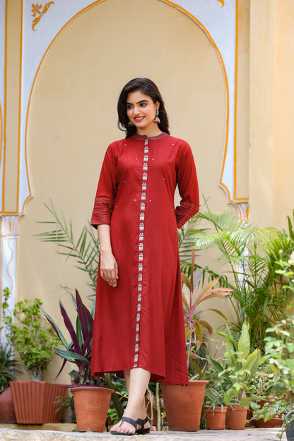Women's Maroon Embroidered Kurta