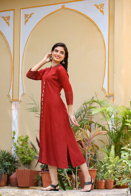 Women's Maroon Embroidered Kurta