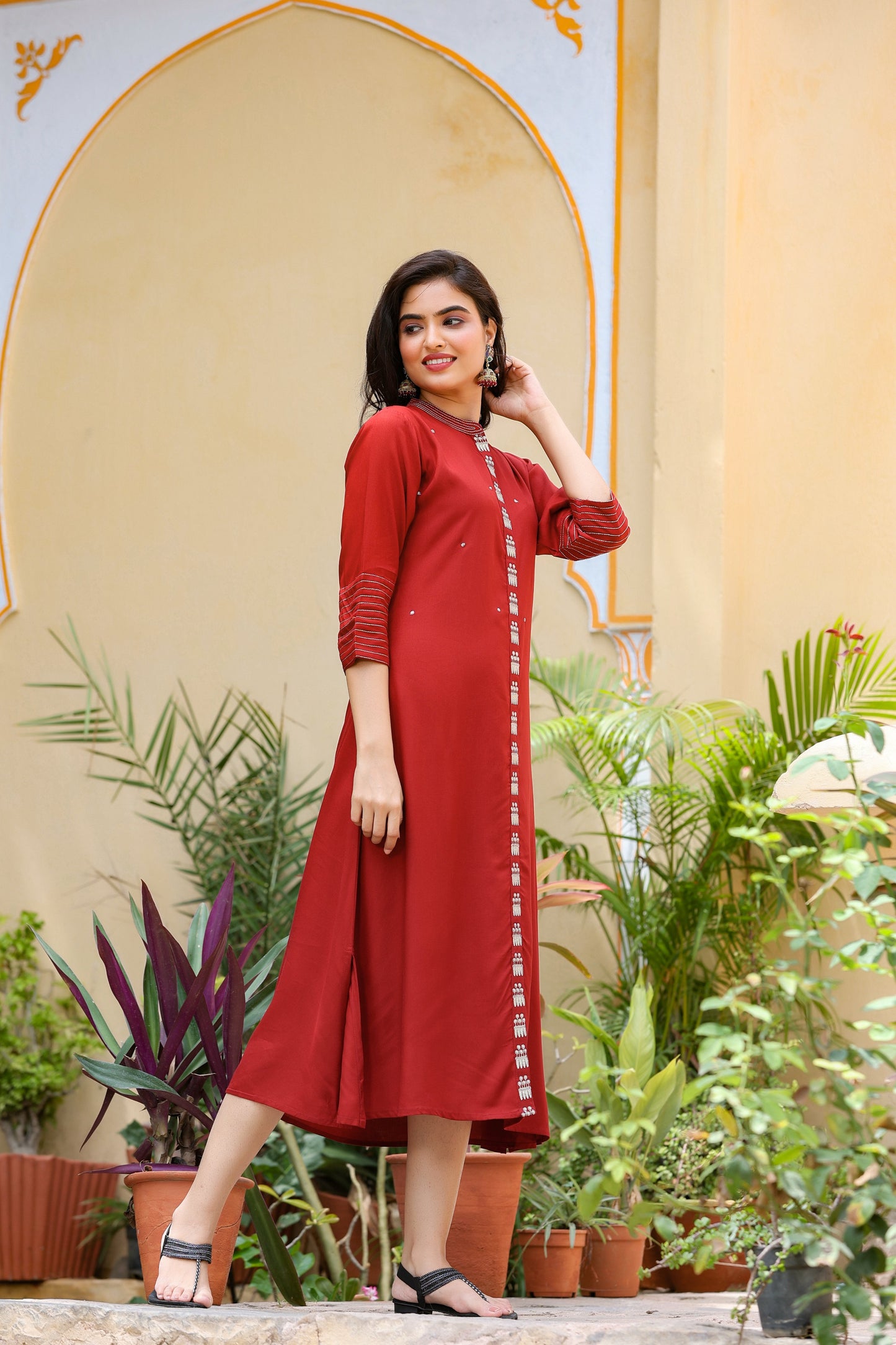 Women's Maroon Embroidered Kurta