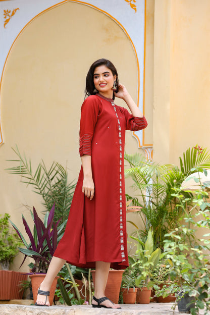 Women's Maroon Embroidered Kurta