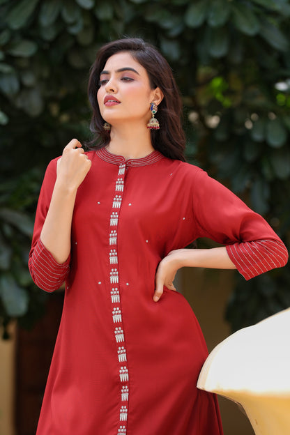 Women's Maroon Embroidered Kurta