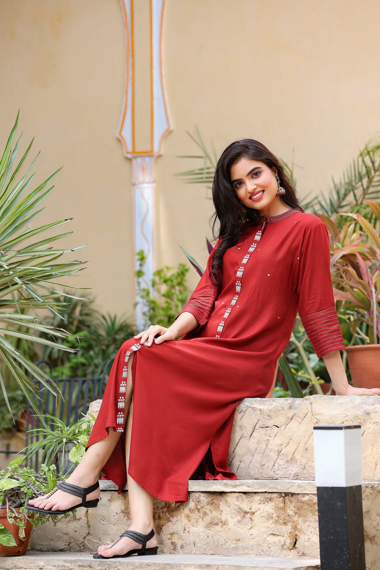 Women's Maroon Embroidered Kurta