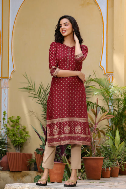 Women's Marroon Printed Kurta