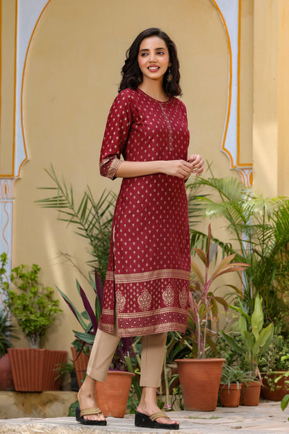 Women's Marroon Printed Kurta