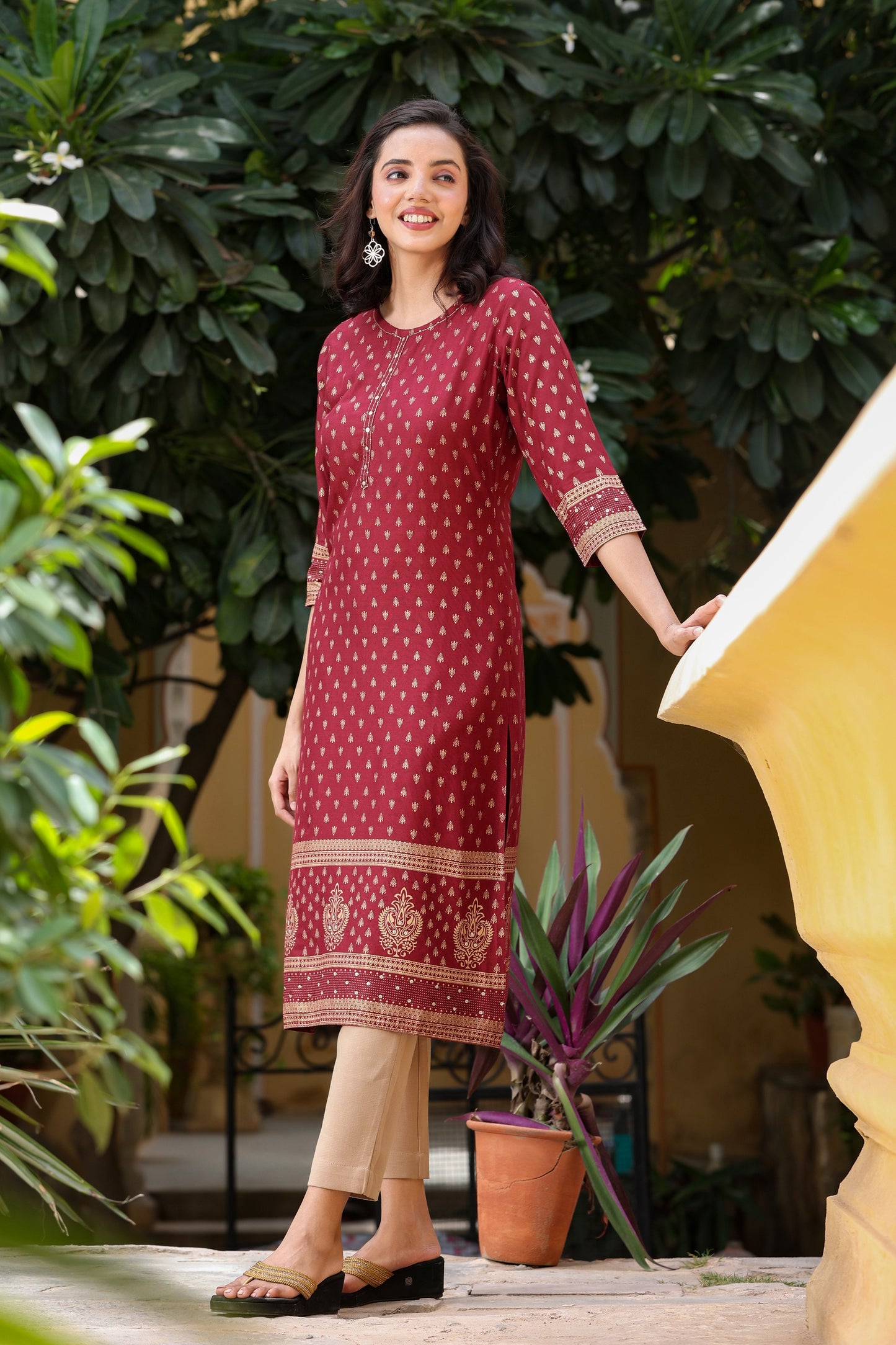 Women's Marroon Printed Kurta