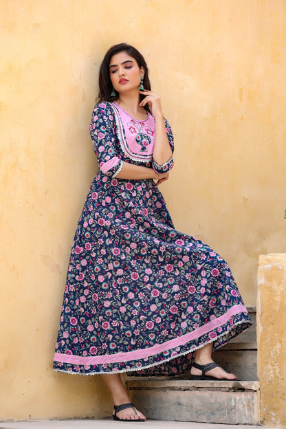 Women's Blue & Pink Printed Dress