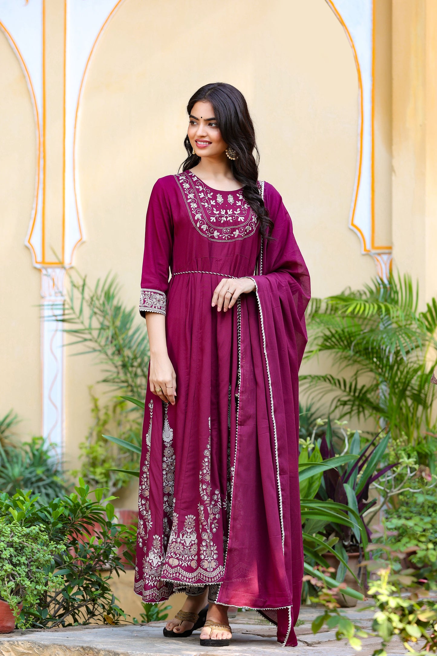 Women's Burgundy Anarkali Dupatta Set