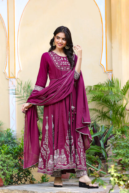 Women's Burgundy Anarkali Dupatta Set