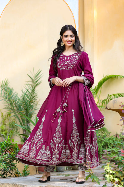 Women's Burgundy Anarkali Dupatta Set
