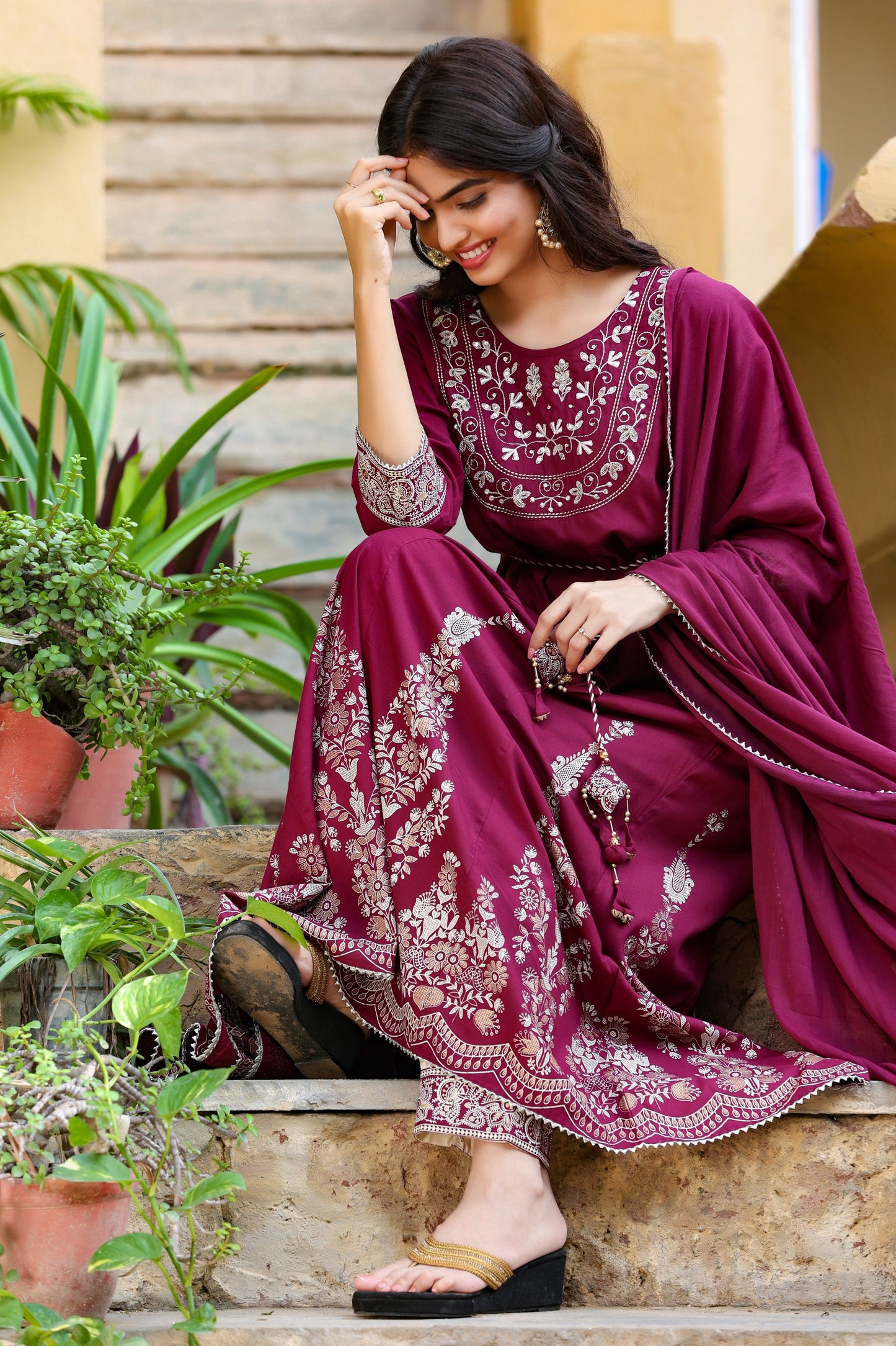 Women's Burgundy Anarkali Dupatta Set