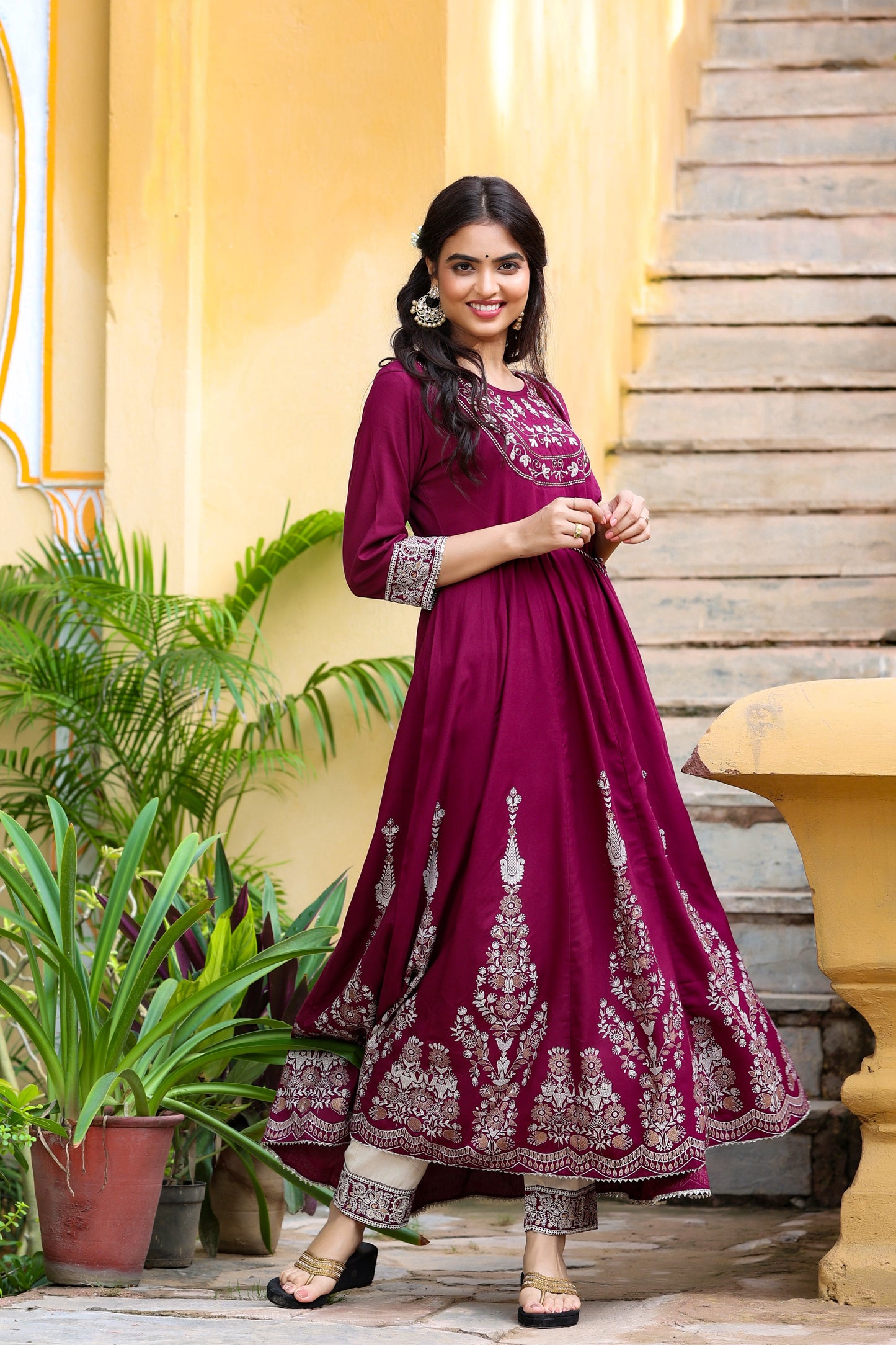 Women's Burgundy Anarkali Dupatta Set