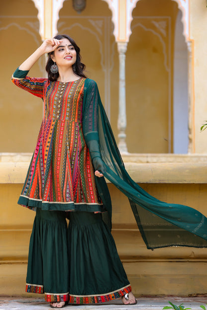 Women's Dark Green Peplum Dupatta Set