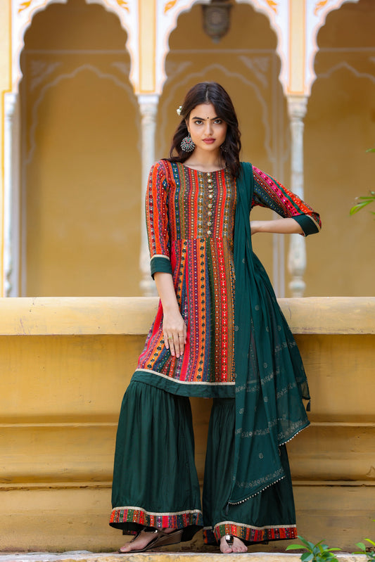 Women's Dark Green Peplum Dupatta Set