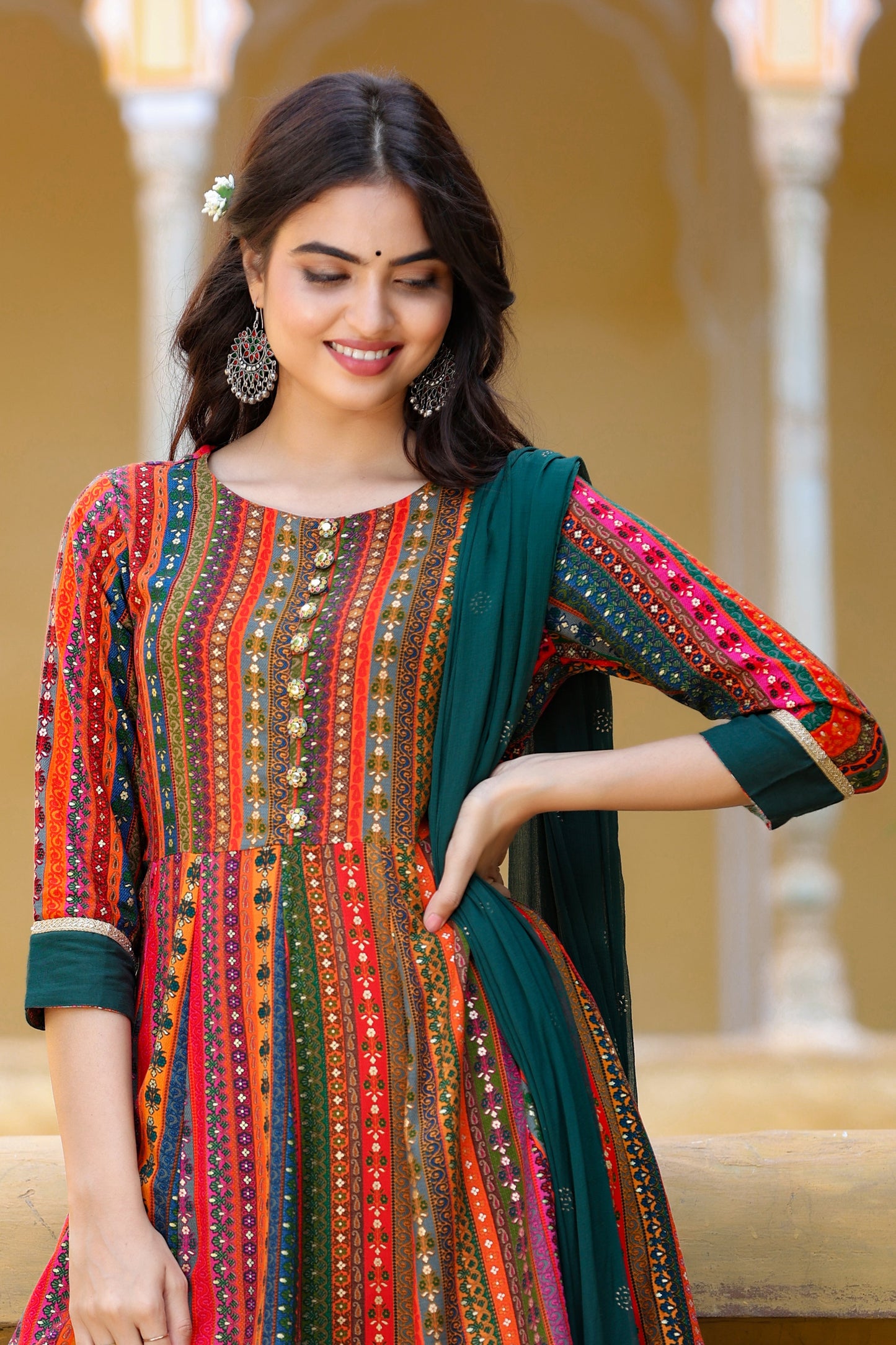 Women's Dark Green Peplum Dupatta Set