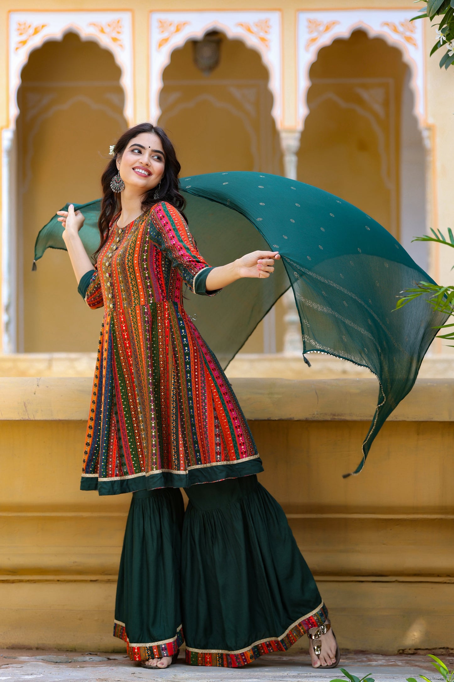 Women's Dark Green Peplum Dupatta Set