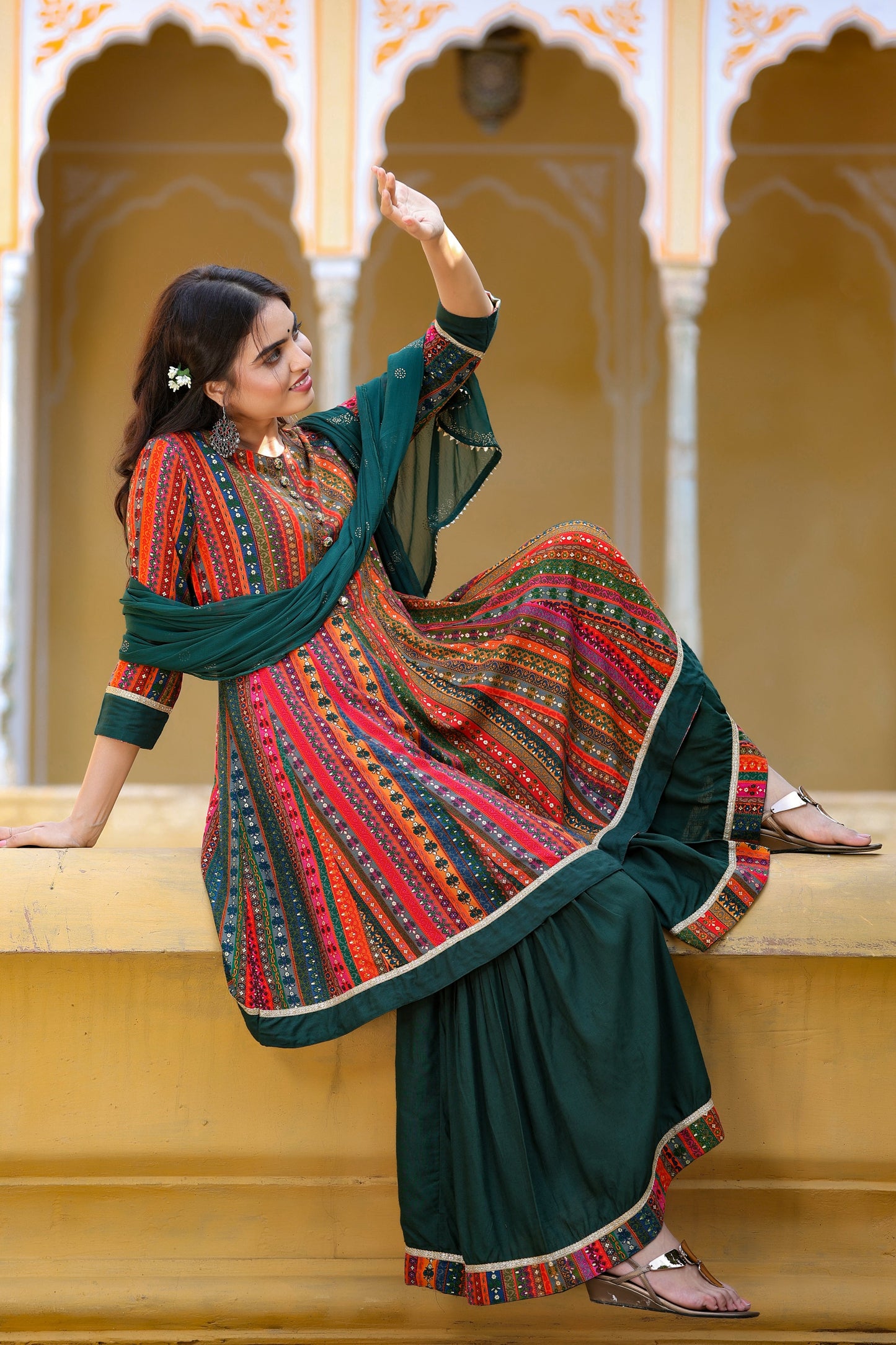 Women's Dark Green Peplum Dupatta Set