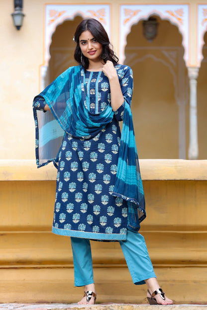 Women's Blue Printed Kurta Set