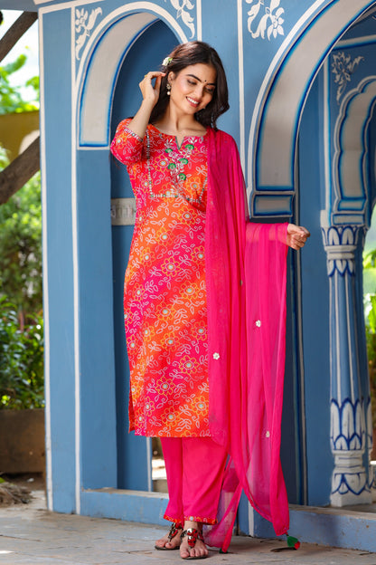Women's Pink Bandhani Printed Embroidered Kurta Set