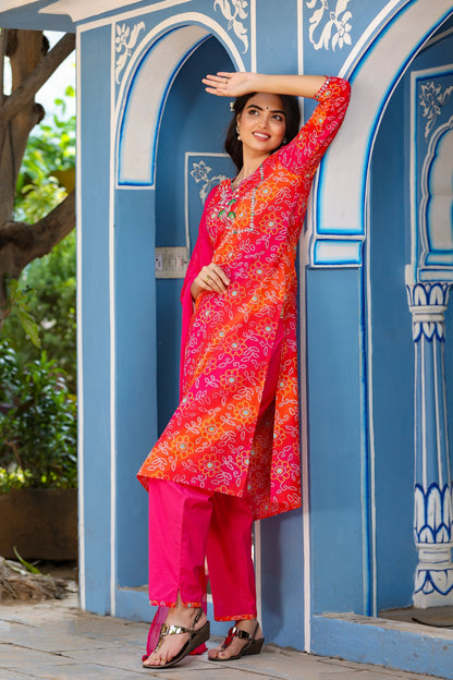 Women's Pink Bandhani Printed Embroidered Kurta Set