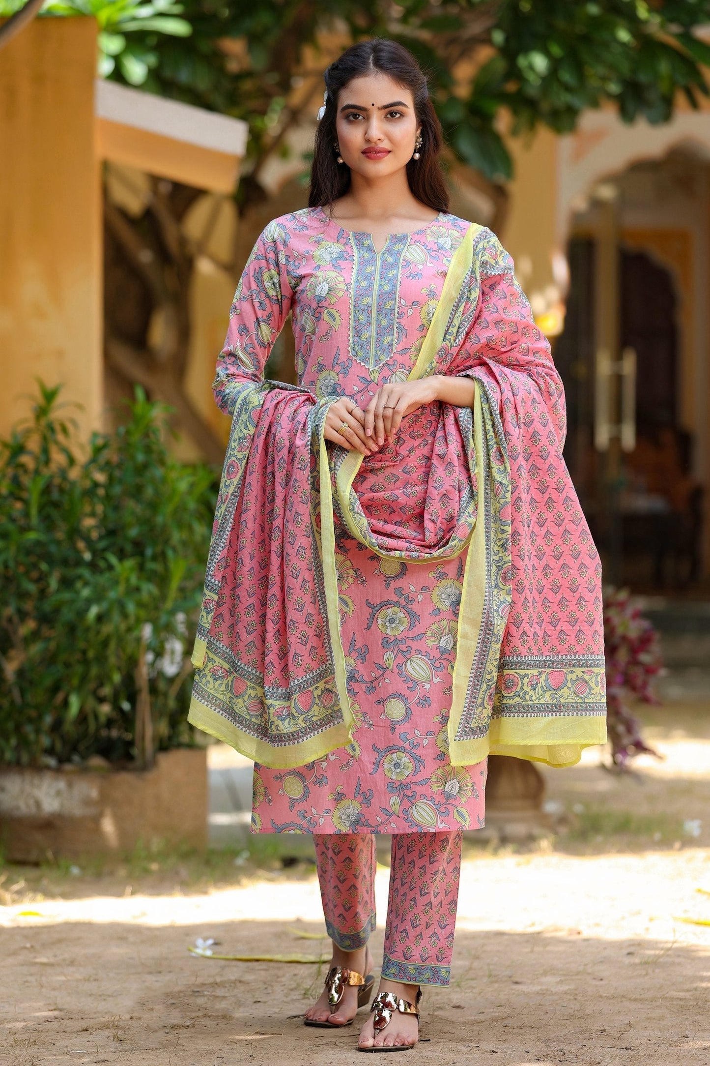Women's Pink Handblock Printed Kurta Set