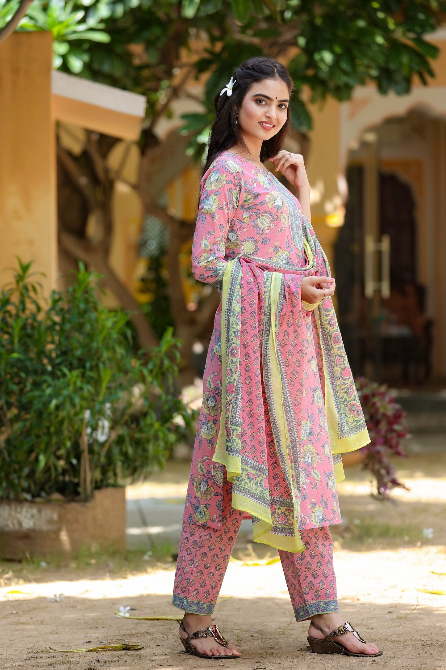 Women's Pink Handblock Printed Kurta Set