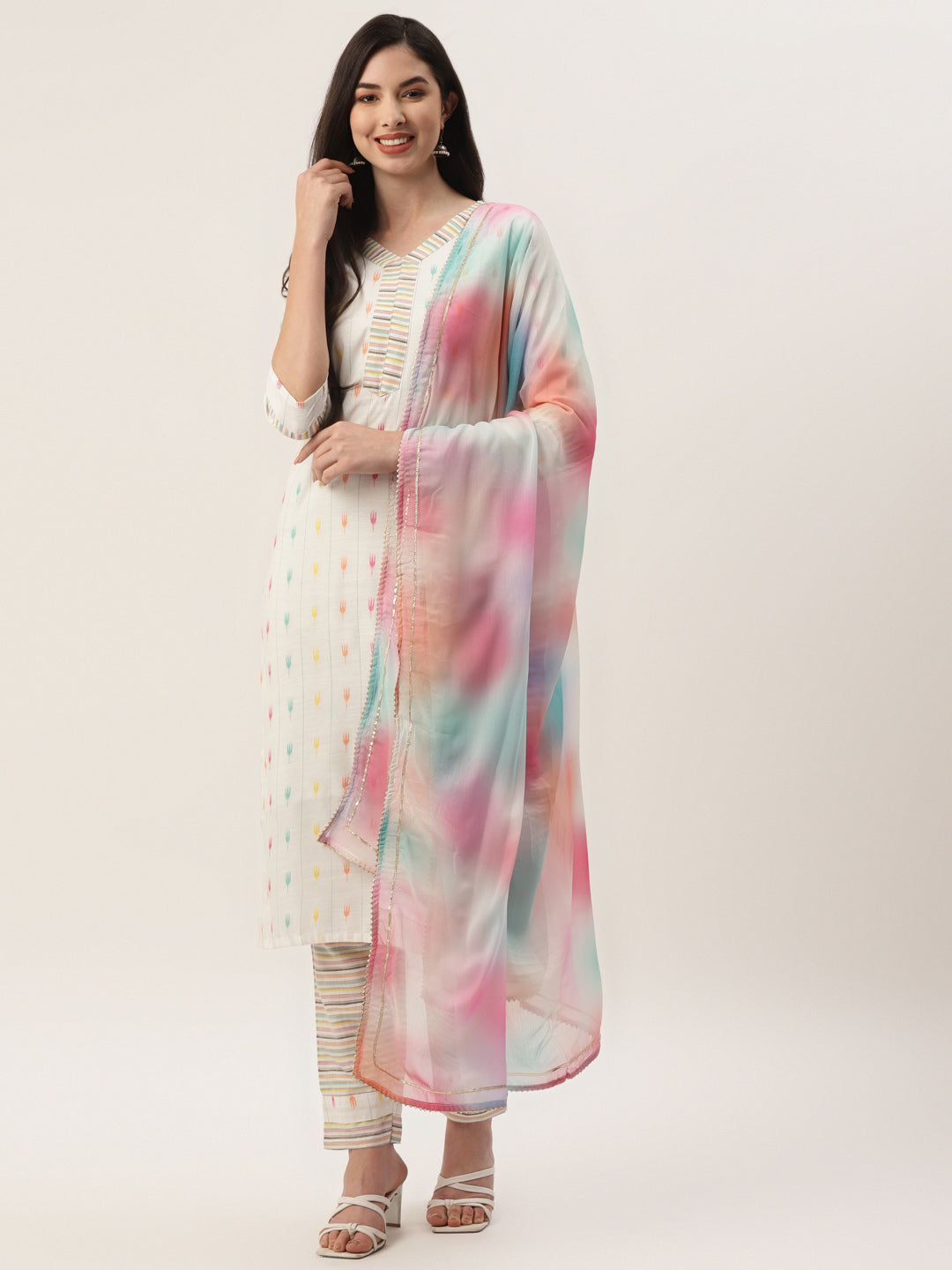 Women's White Cotton Blend Self Design Straight Kurta Trouser Set With Dupatta