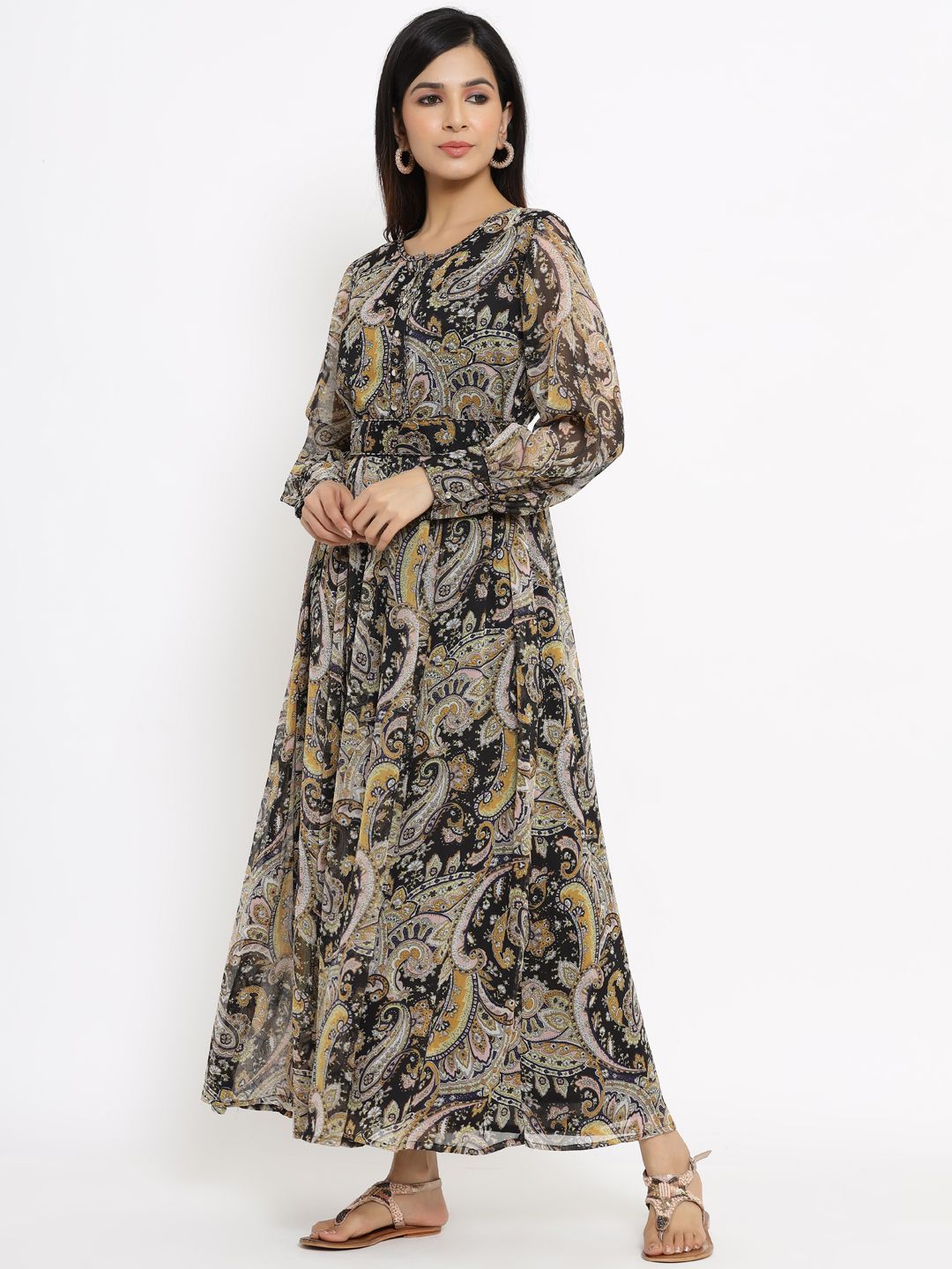 Women's Black Alphin Chiffon Flared Printed Dress With Tie-up Blet1