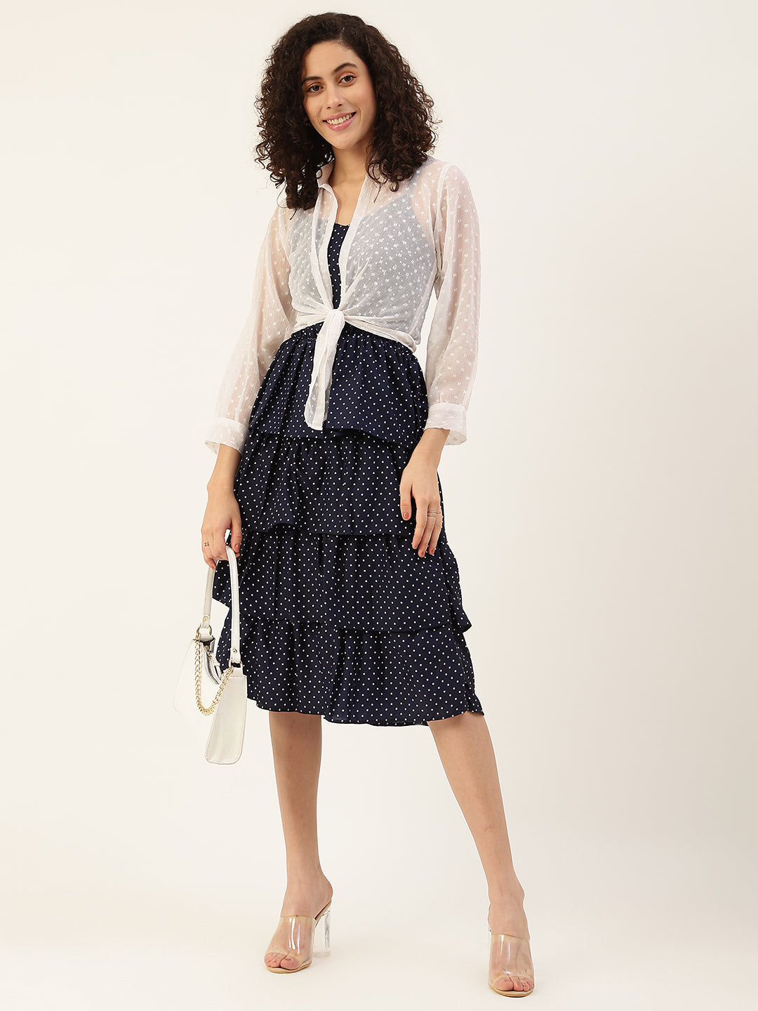 Women's Navy Blue Color Chiffon Self Design A-Line Layered Dress