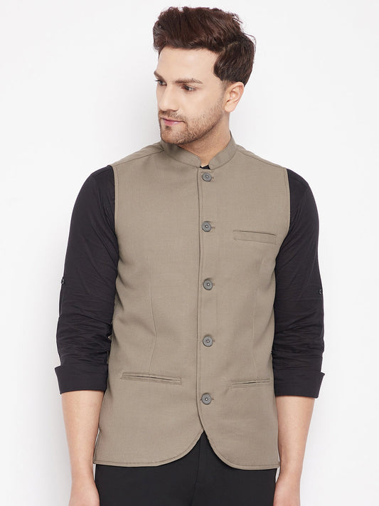 Men's Beige Color Woven Nehru Jacket