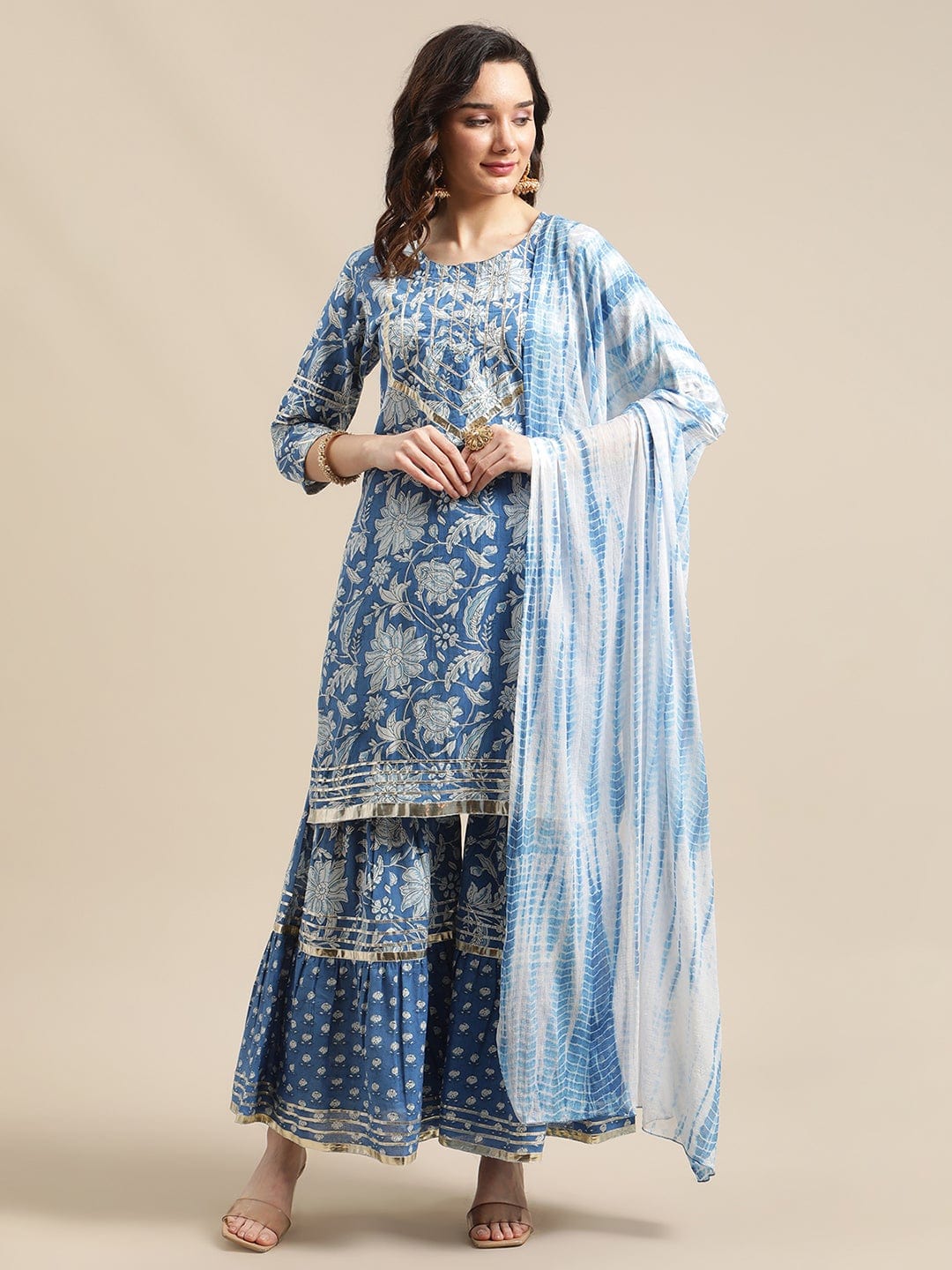 Women's Blue And White Floral Gota Embellished Printed Kurta Sharara Set With Tie N Dye Dupatta