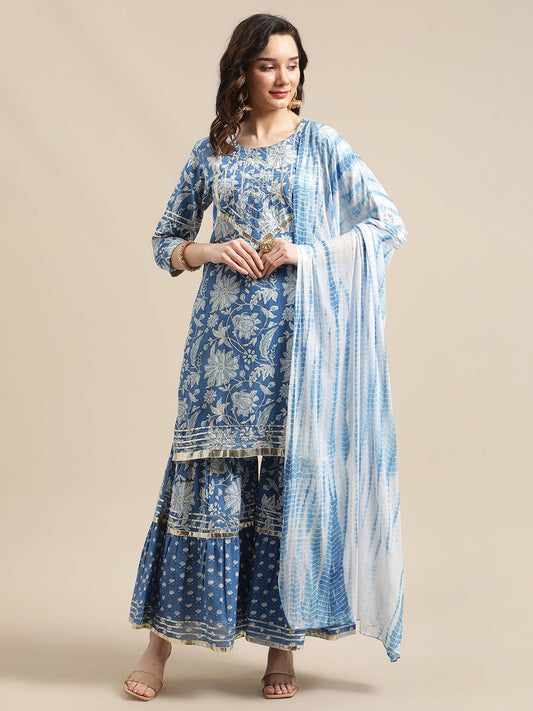 Women's Blue And White Floral Gota Embellished Printed Kurta Sharara Set With Tie N Dye Dupatta