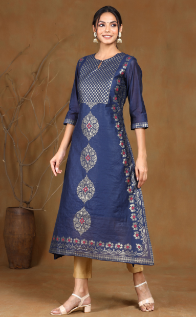 Women's Black Modal Chanderi Printed Straight Kurta