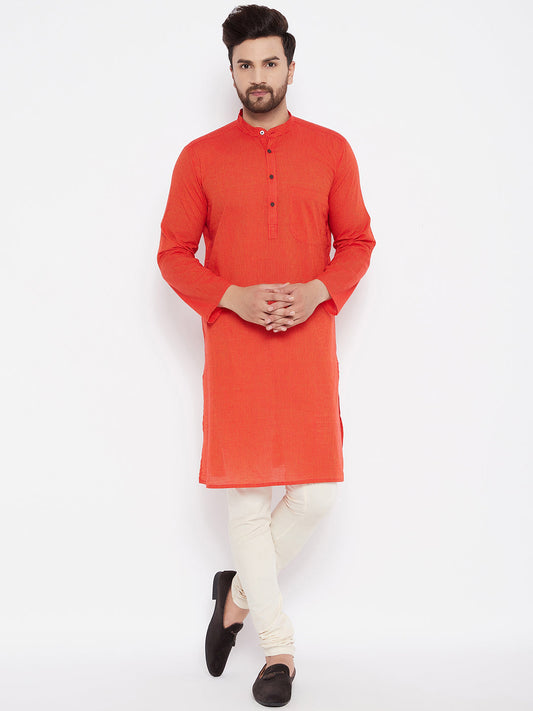 Men's Cotton Striped Orange Kurta