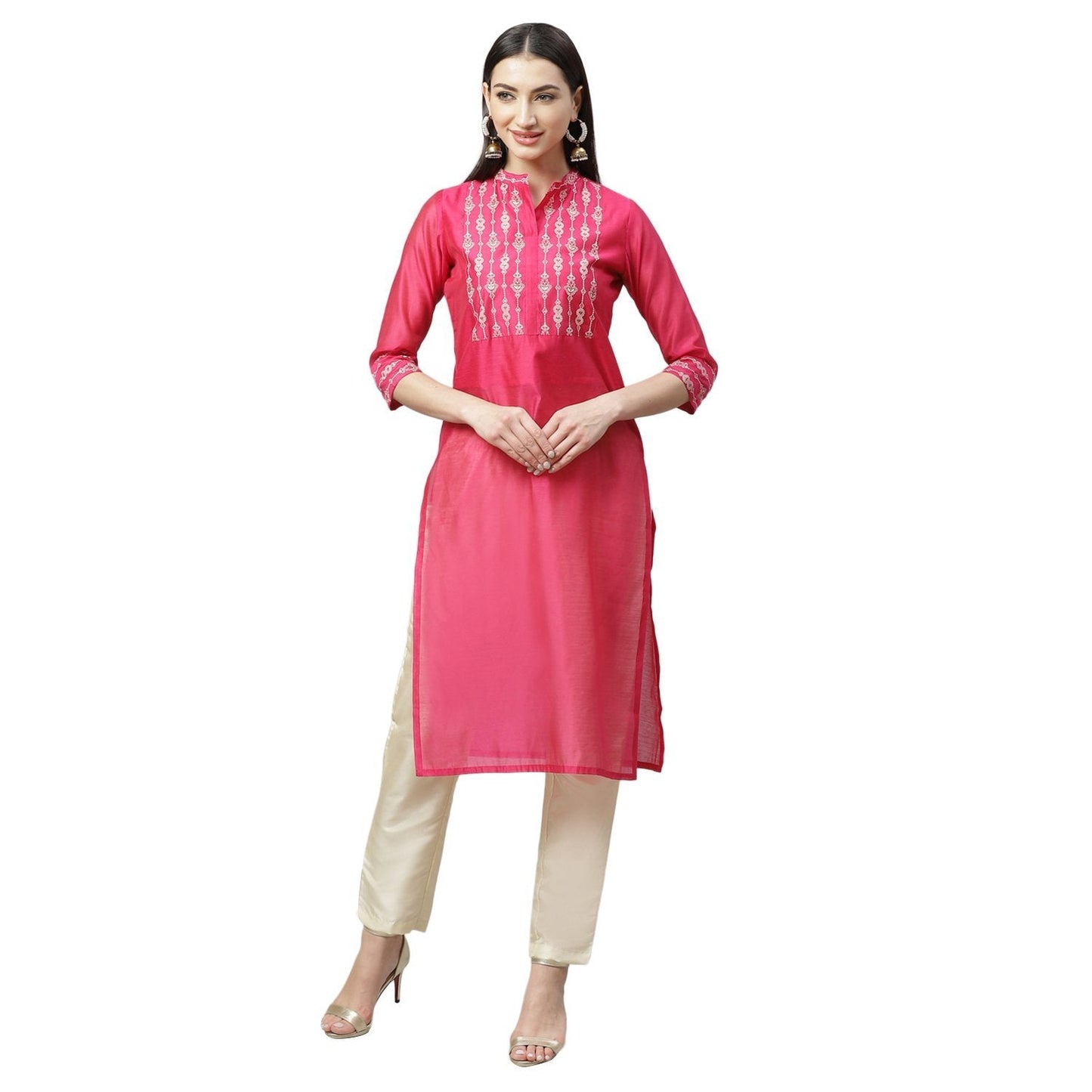 Women's Pink Chanderi Printed 3/4 Sleeve Collar Casual Kurta Pant Set