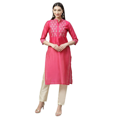 Women's Pink Chanderi Printed 3/4 Sleeve Collar Casual Kurta Pant Set