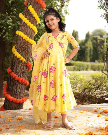Girl's Buttercup Yellow Muslin Silk Handpainted Suit Set