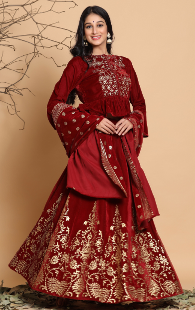 Women's Maroon Velvet Emboss Print Lehenga Choli Dupatta Set